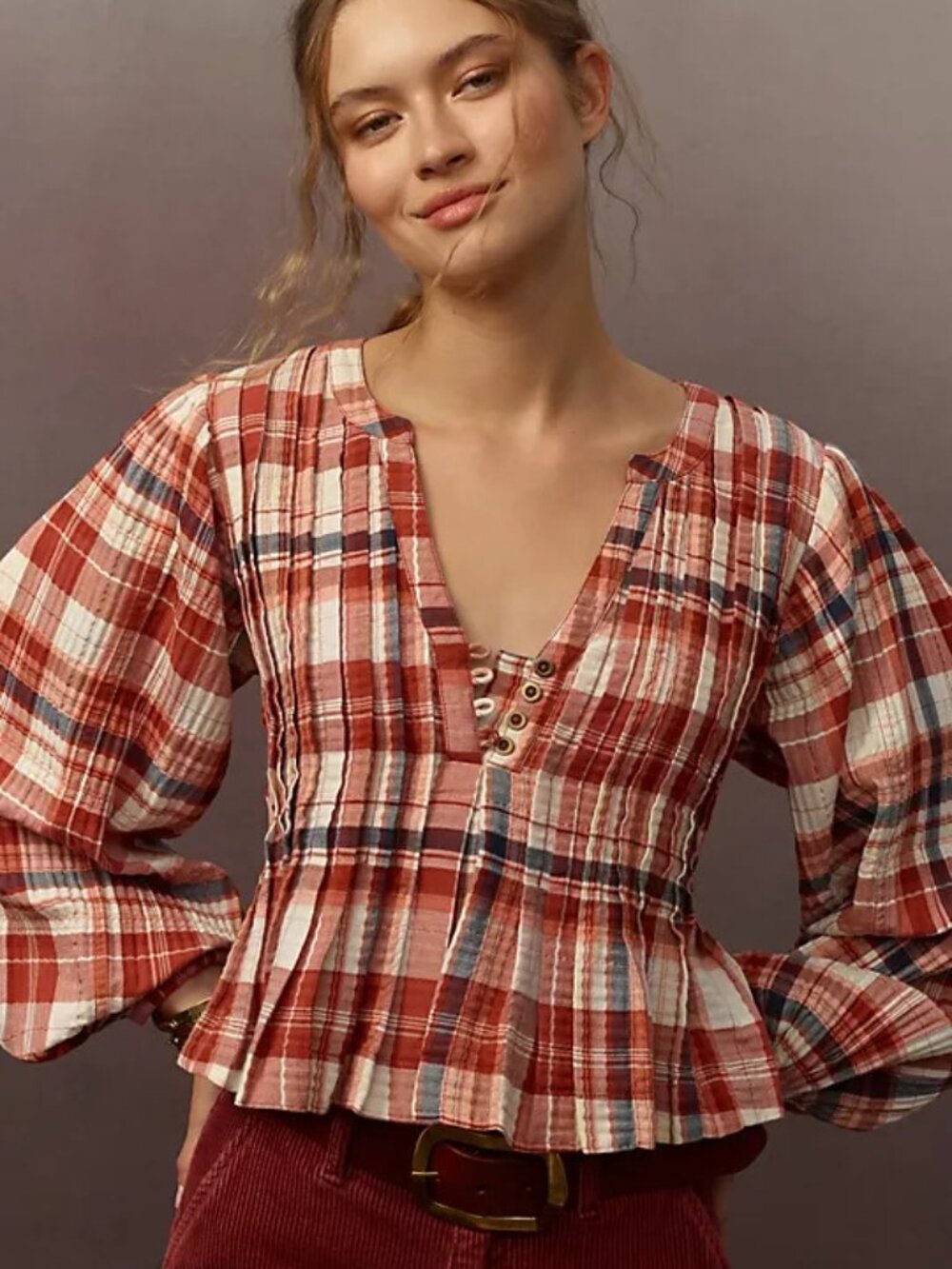 Pilcro Long-Sleeve Pleated Swing Blouse Plaid Preppy Academia Schoolgirl Boho XS - Picture 1 of 15